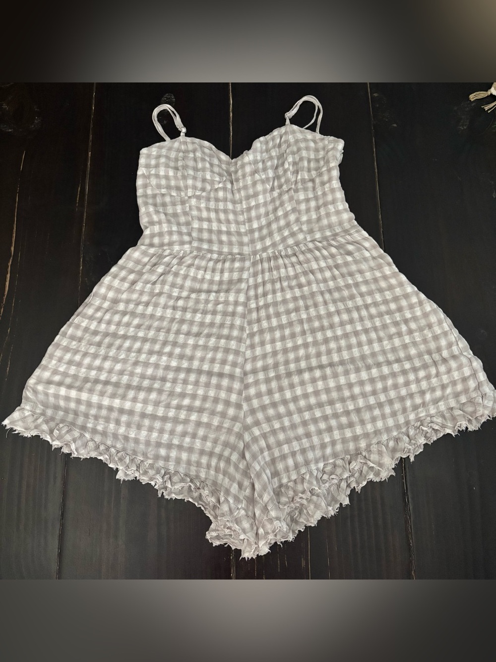 Forever 21 Womens Checked Ruffle-Hem Romper in Light Gray
